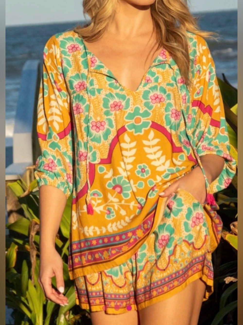 NATURAL LIFE Mustard Floral V-Neck Tunic with Teal & Pink Accents